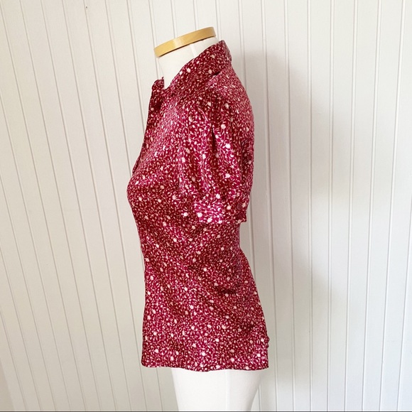 MNG Maroon Red Cream Floral Short Sleeve Button Down Fitted Top Shirt Size 2 - Picture 5 of 8